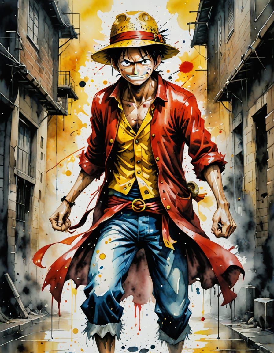 Surreal Watercolor Portrait of Pirate King Luffy in Midnight...