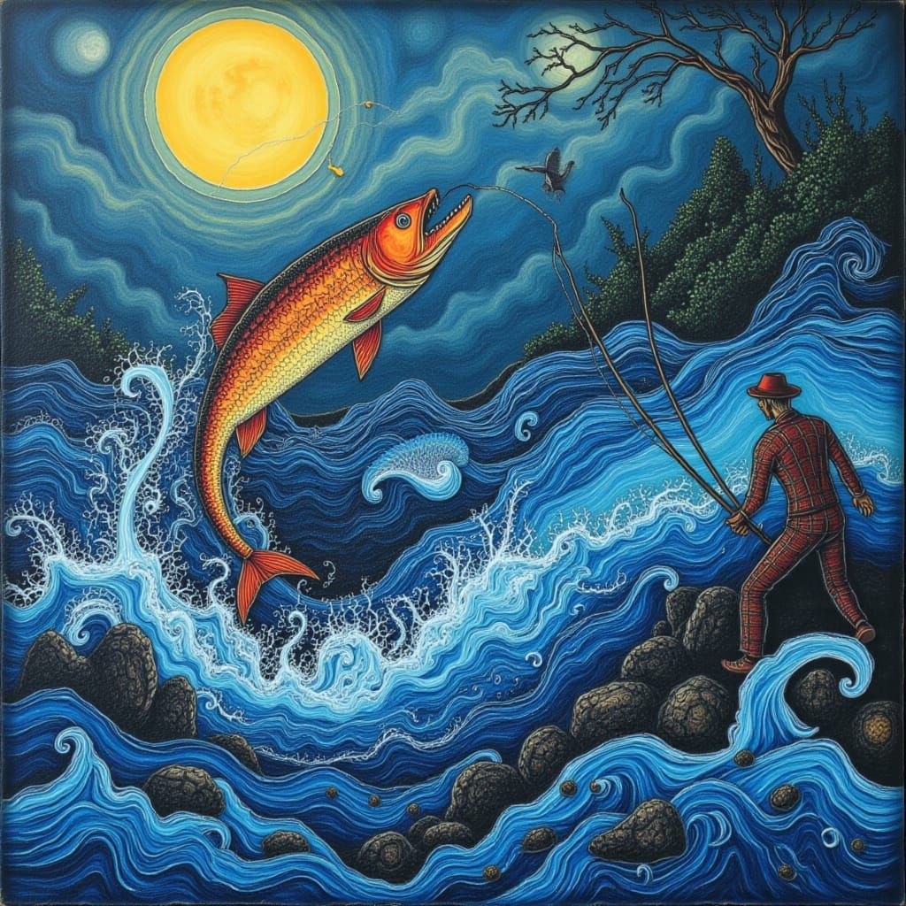 Fisherman Reels in Giant Fish from Whirlpool in Scratch Art ...