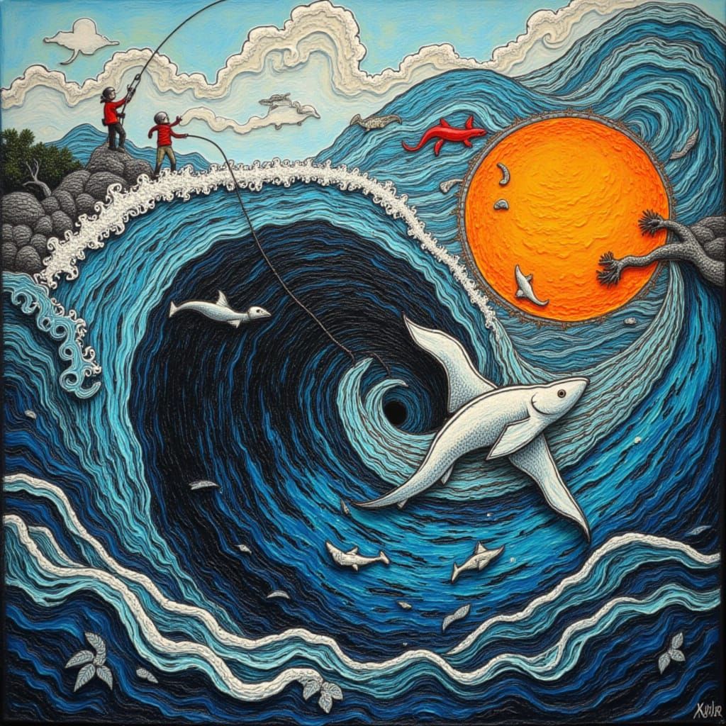 Fisherman Reels Giant Fish From Whirlpool in Scratch Art Sty...