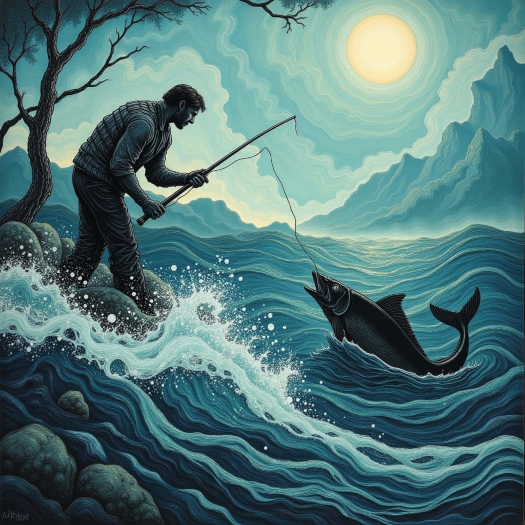 Fisherman Hooks Giant Fish in Whirlpool