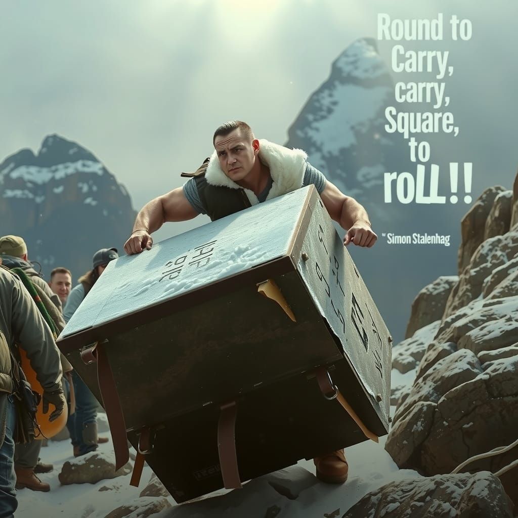Muscular Man Battles Ancient Boulder in Snowy Landscape