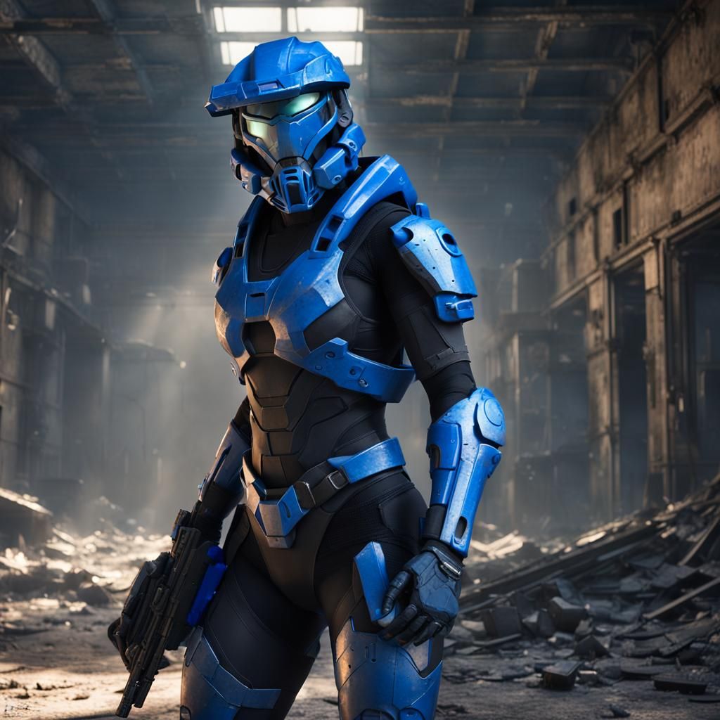 Female Halo Spartan in Blue Armor, Digital Art