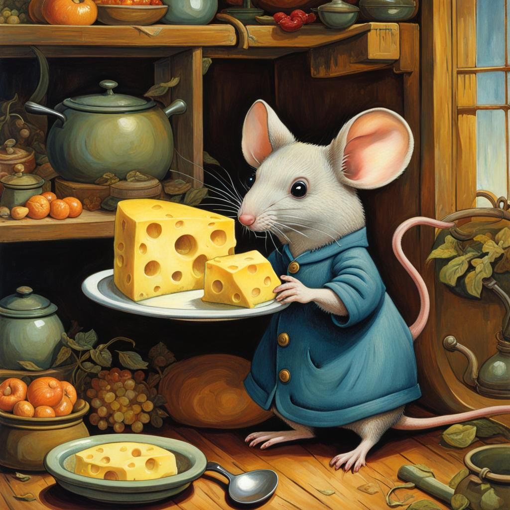 Mouse's Cheese Feast: Surreal Kitchen Scene