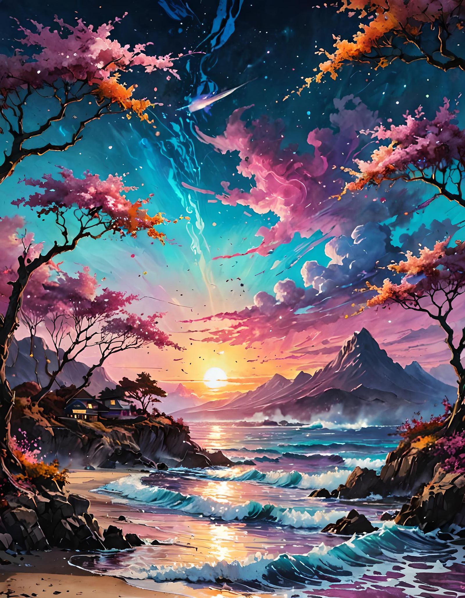 Vaporwave Sunset: Metallic Ink Swirling Colors