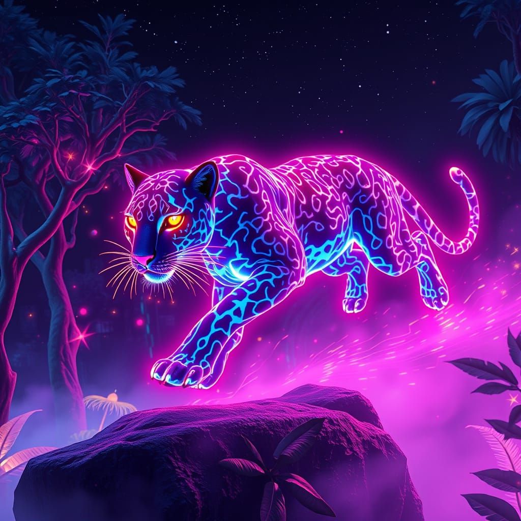 Neon Leopard in Cyber-Fantasy Jungle