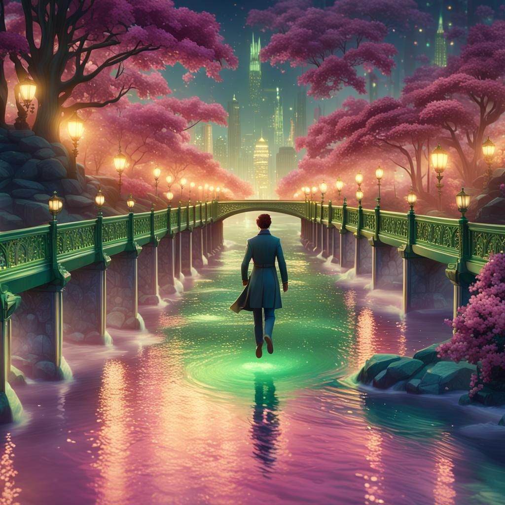 Ornate Art Deco Bridge Over River at Dusk