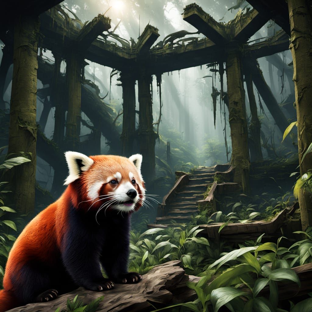 Red Panda with Fierce Energy in Destroyed Jungle Fantasy Art