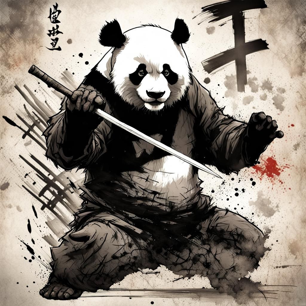 Panda in Fight Pose: Japanese Ink Painting