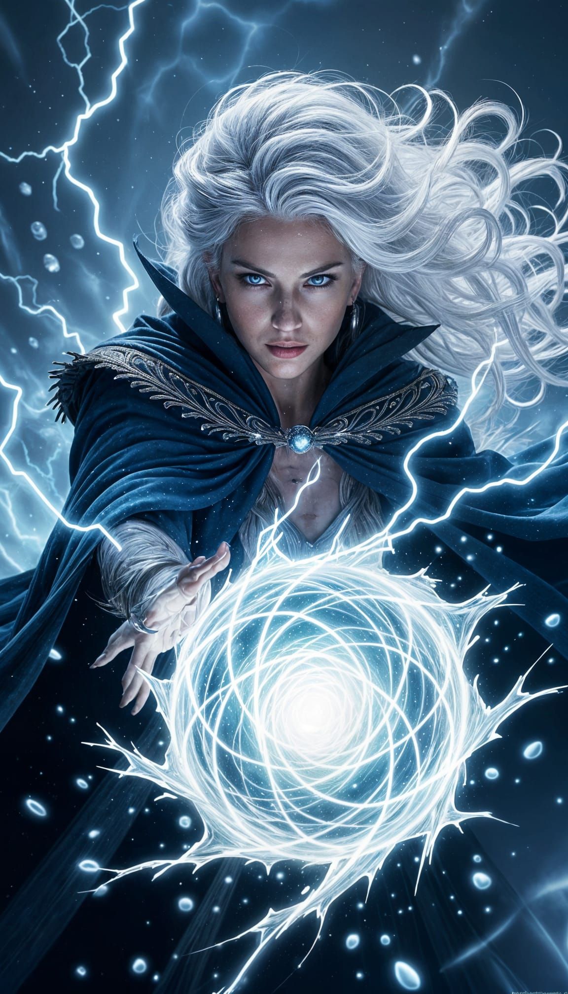 Mystical Woman Conjures Ice Orb with Lightning