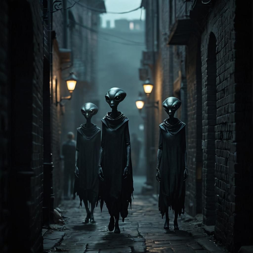 Grey Aliens in Dark Alley with Film Noir Style