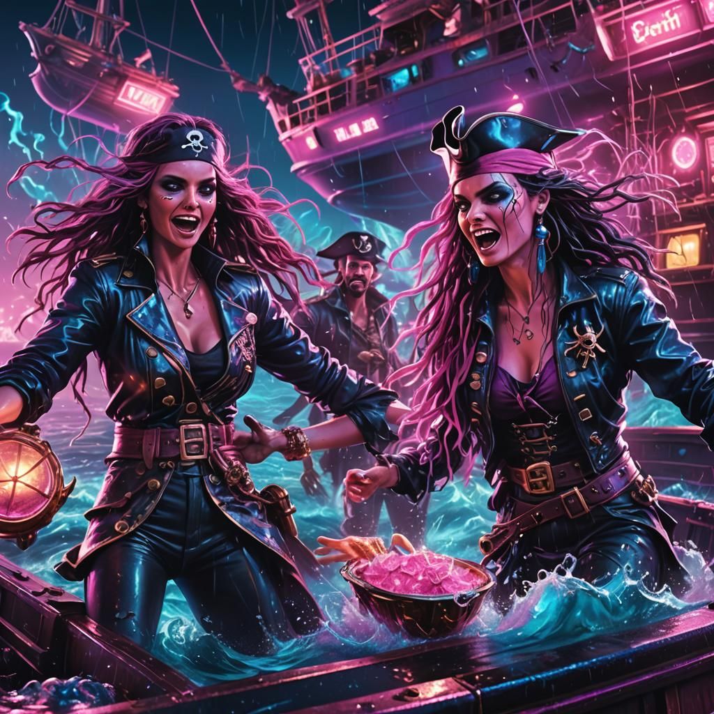 Neon Pirates on Rough Sea in Synthwave Style