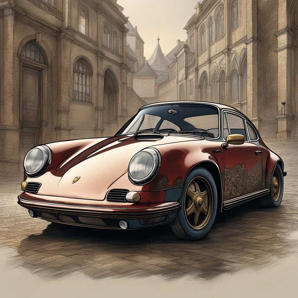 Porsche Car Etching in Dürer Style