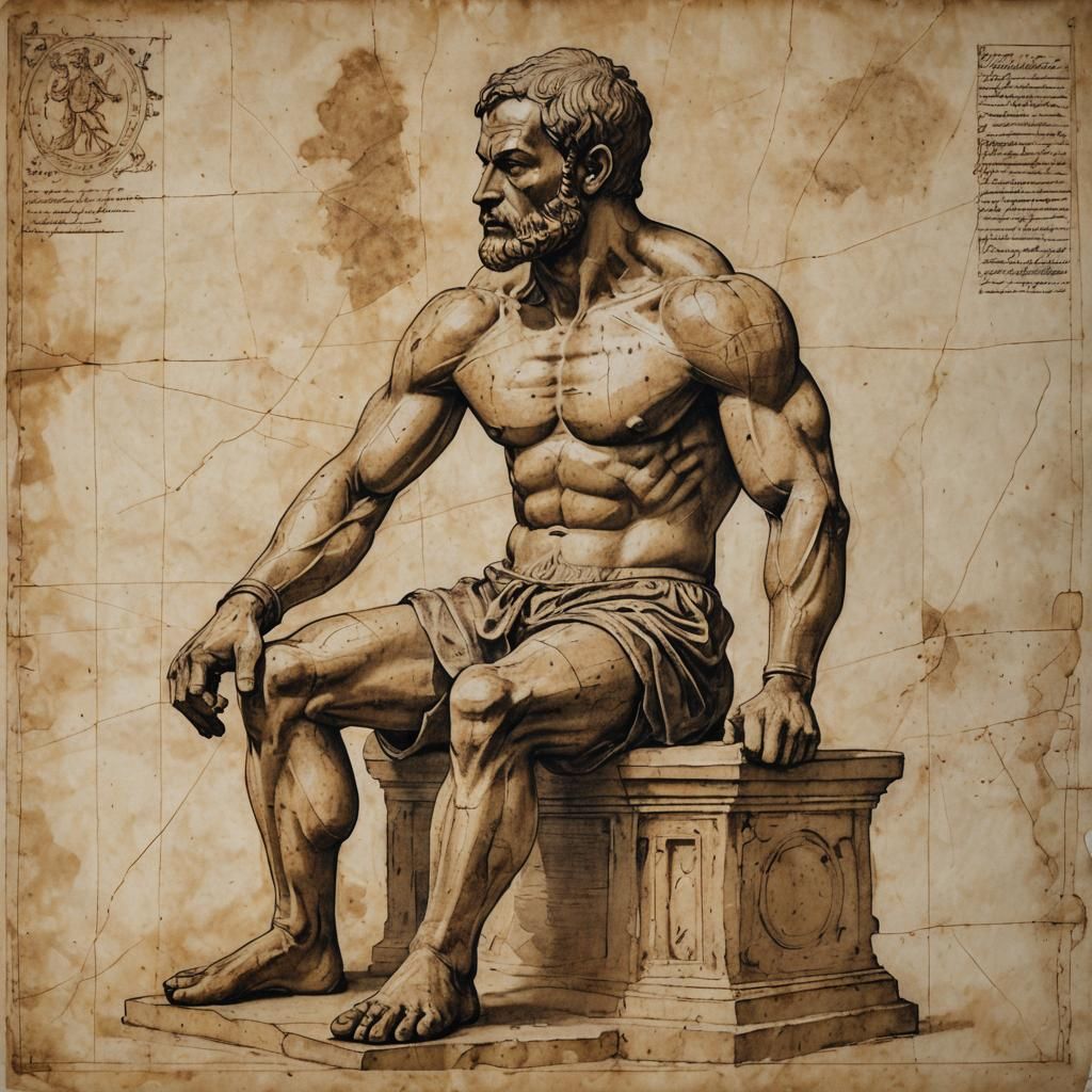 Medieval Diagram of Seated Boxer Statue on Parchment