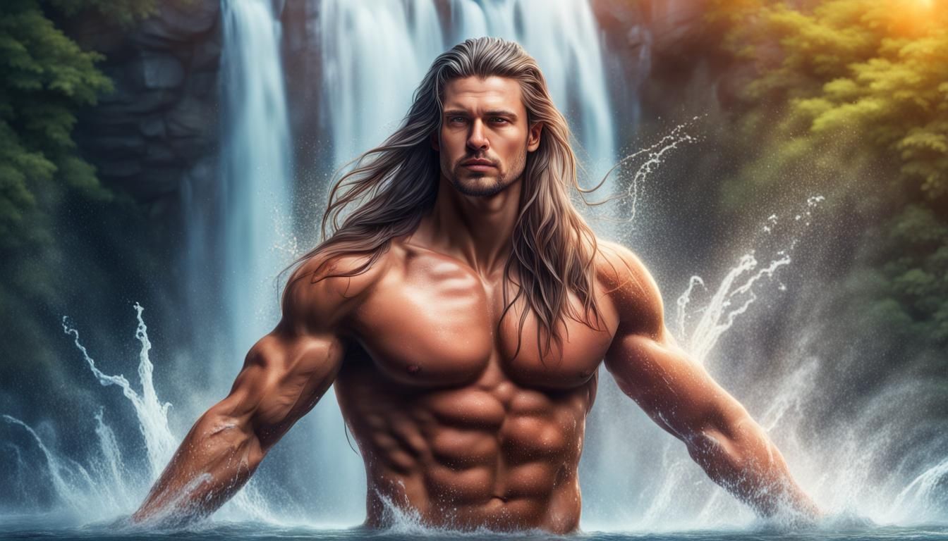Handsome Man with Long Hair in Waterfall