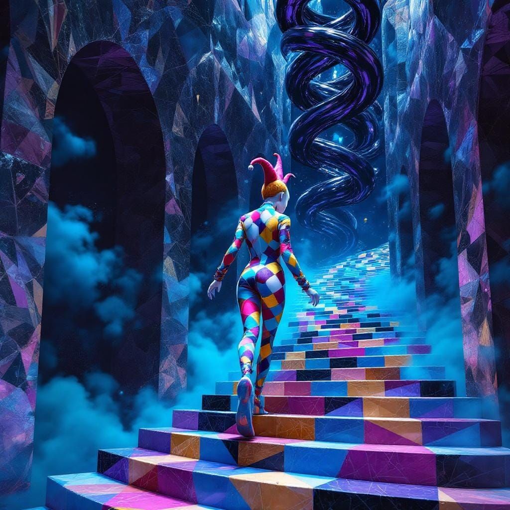 Harlequin on Escher Stairs with Metallic Helix