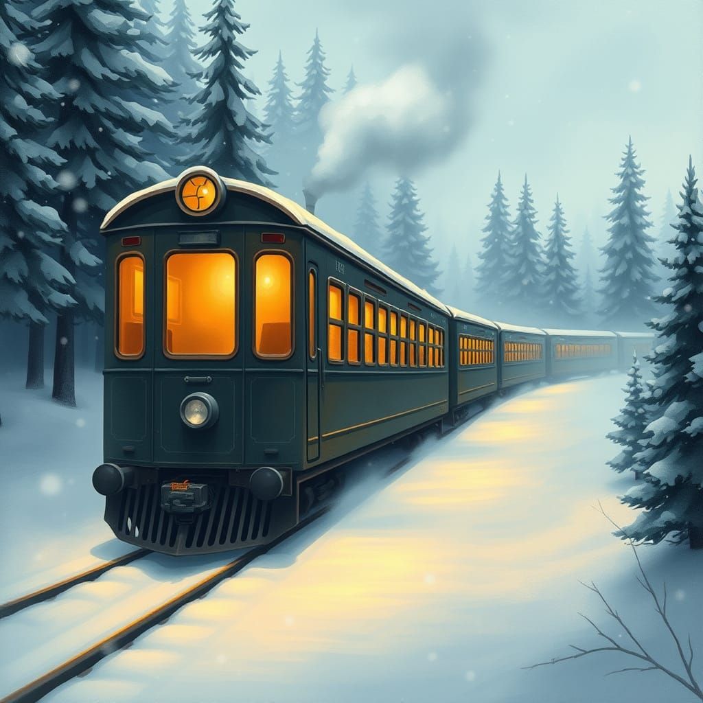 Cozy Old Train Traveling Through Snowy Forest