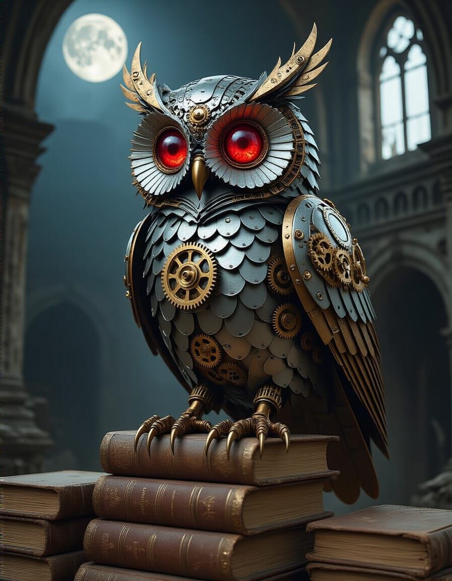 Steampunk Owl Perched in Abandoned Clock Tower