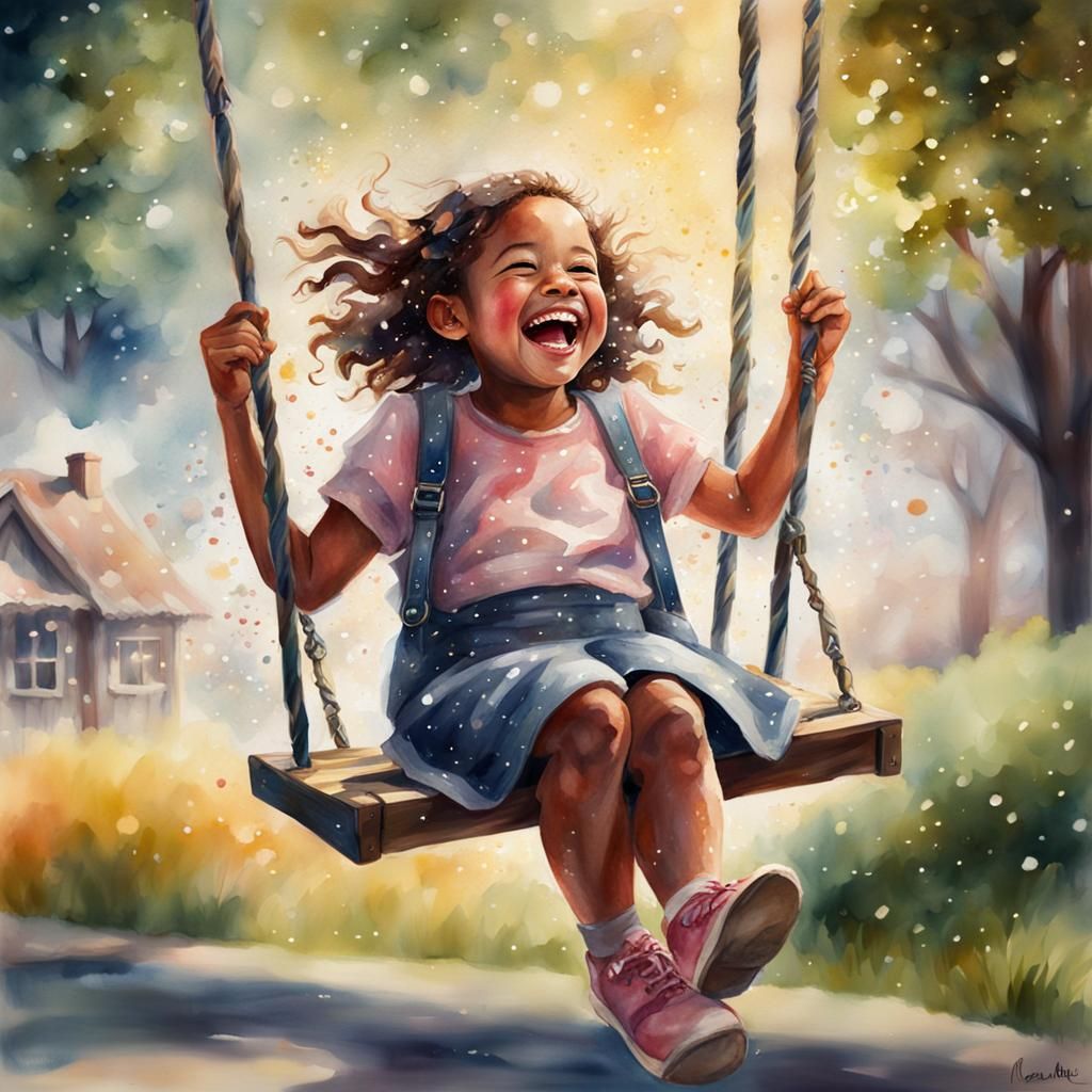 Girl on Swing in Watercolor with Spring Light