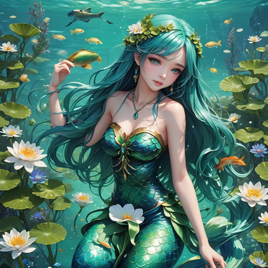 Anime Mermaid with Blue Hair in Turquoise Water