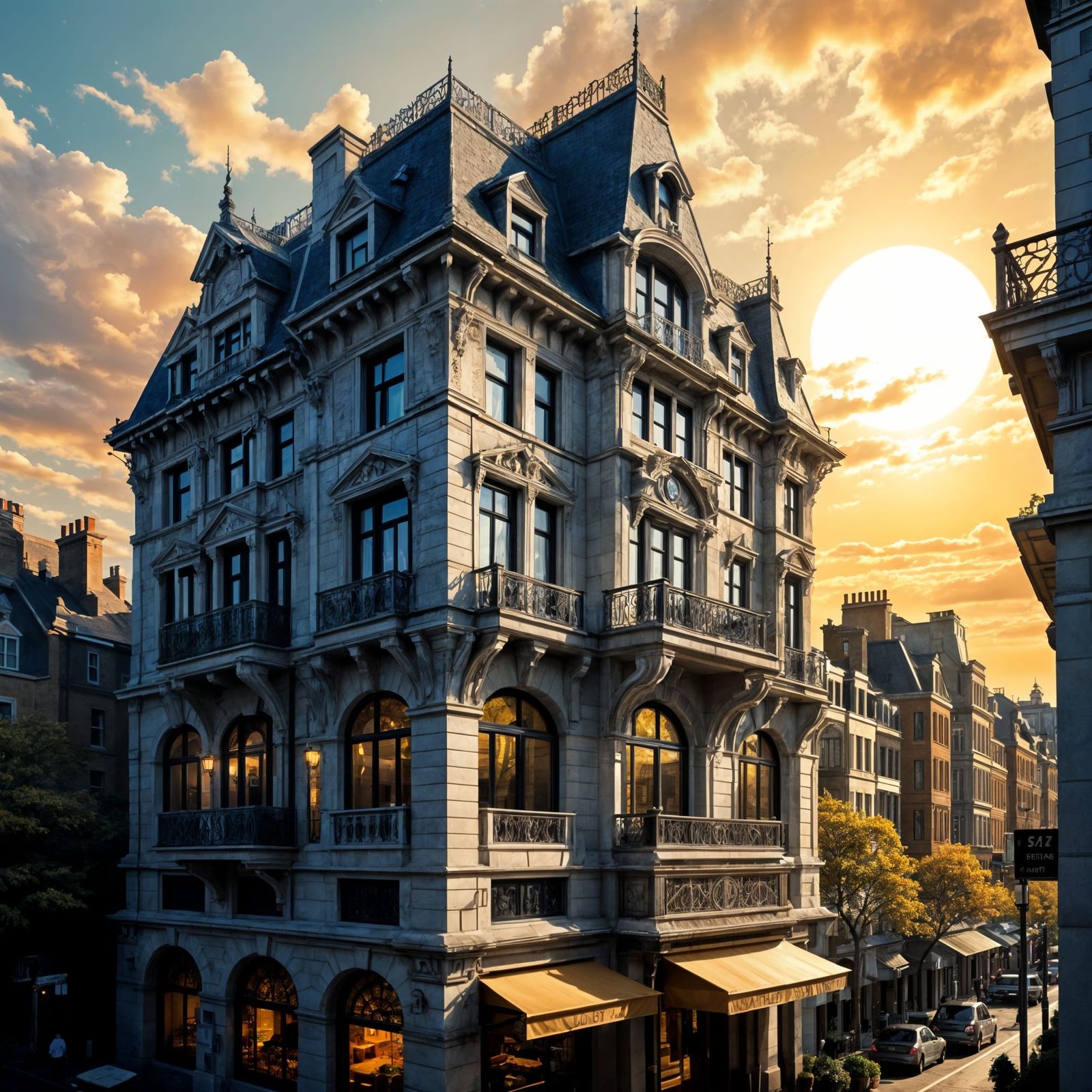 Art Nouveau Cityscape with Abstract Geometric Background