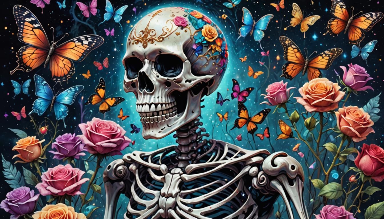Skeleton with Roses, Butterflies, and Astral Sparkles