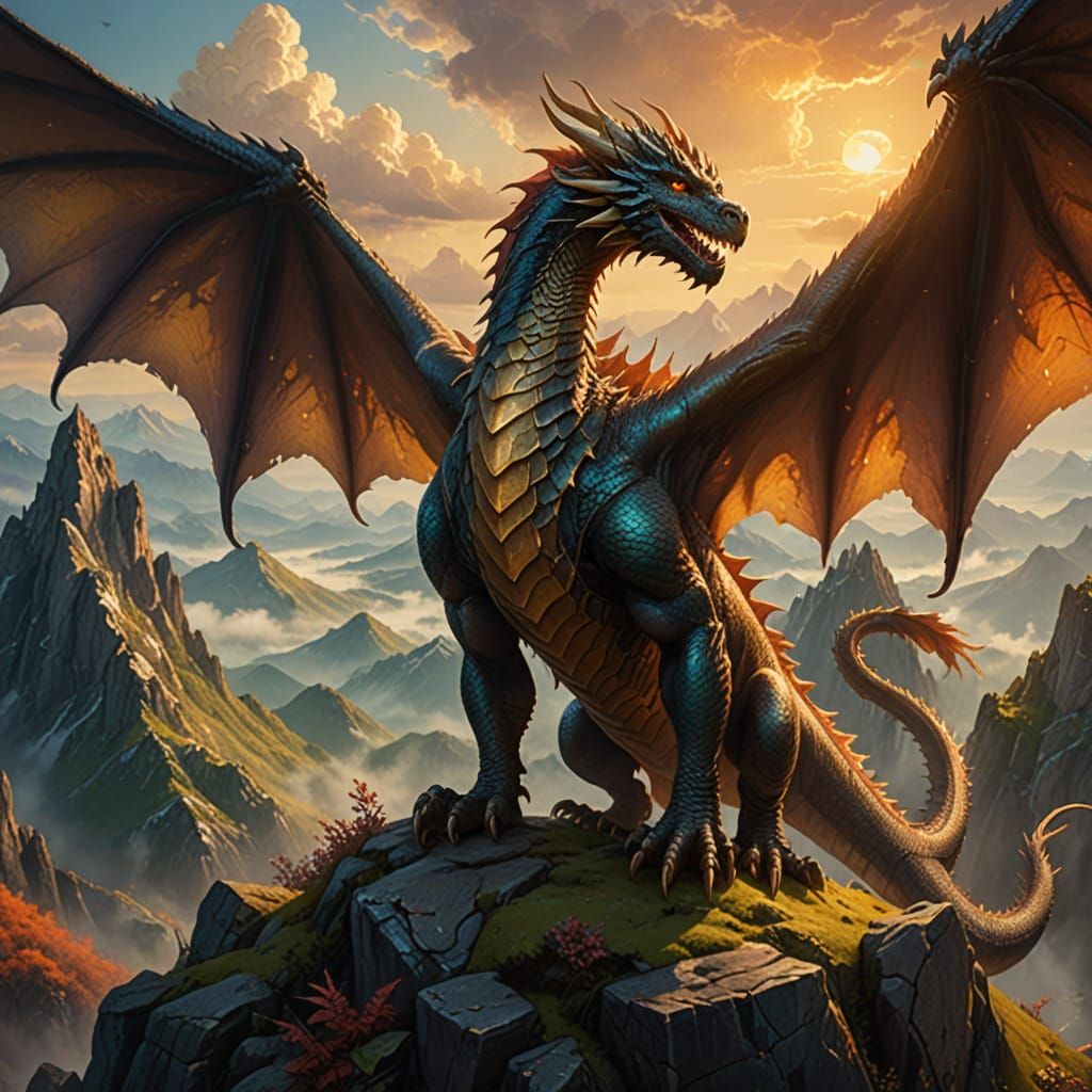 Dragon on Mountain Peak in Oil Painting Style