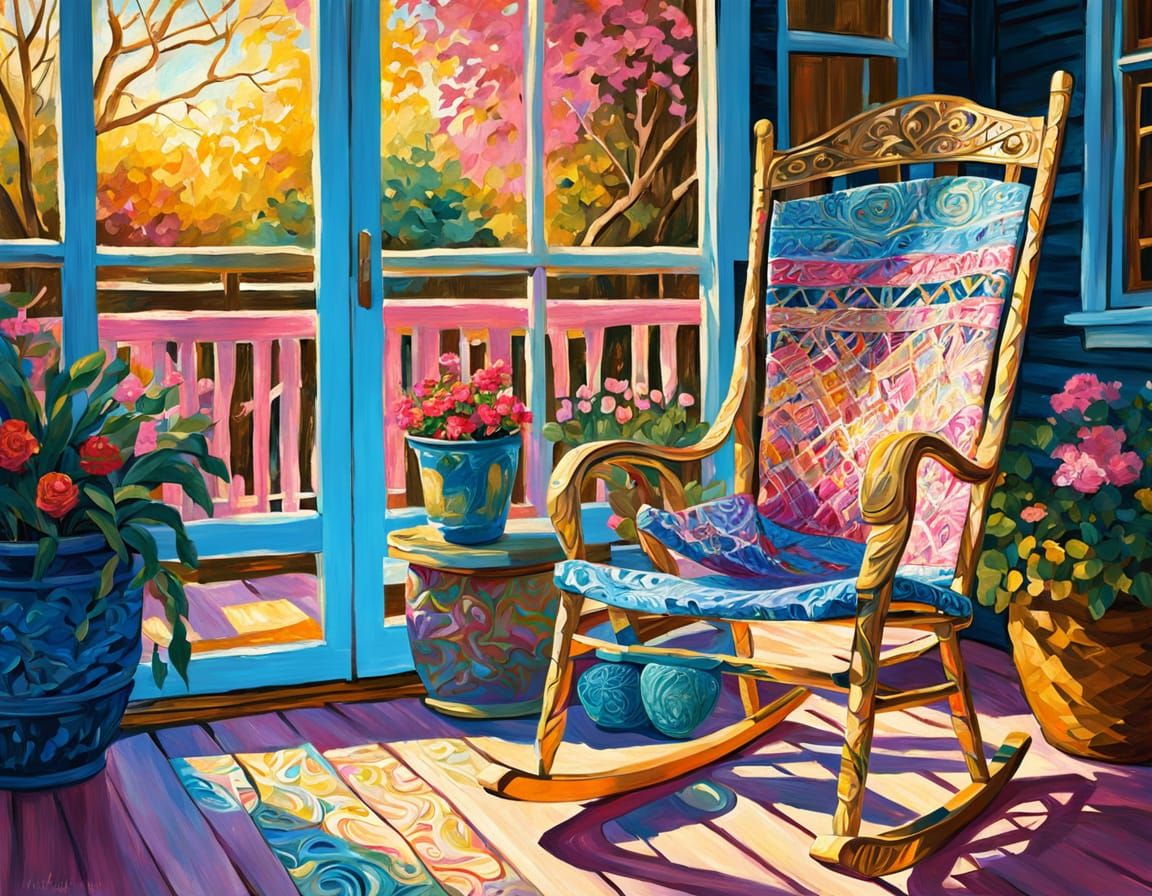 Magical Rocking Chair on Cozy Porch as Impasto Painting
