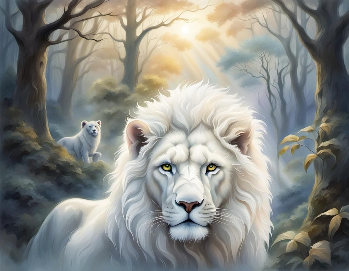 Ethereal White Lion Portrait in Watercolor Style