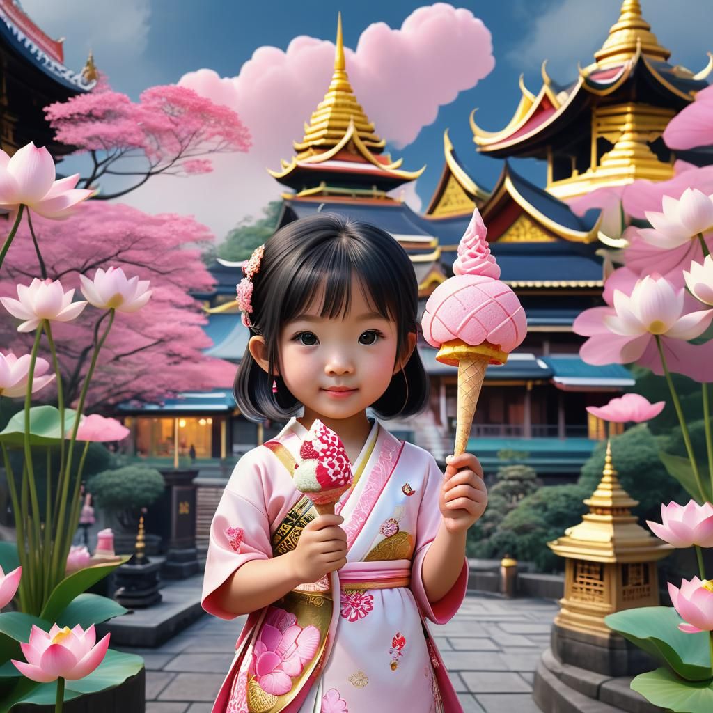Japanese Girl with Lotus Ice Cream, Anime Art
