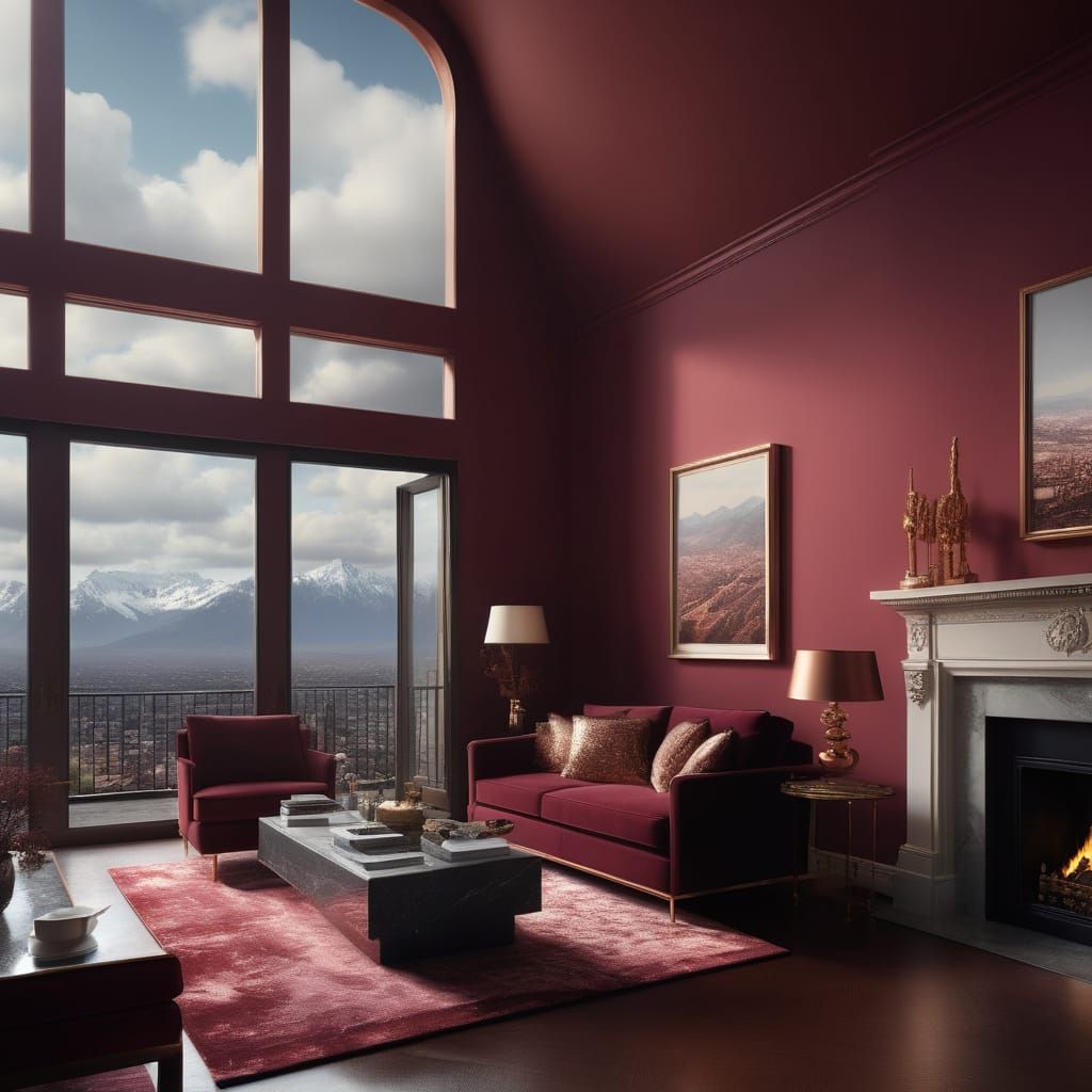 Mountain View penthouse with huge windows& Burgundy red walls with Rose gold accents& Burgundy red furniture with Rose g...