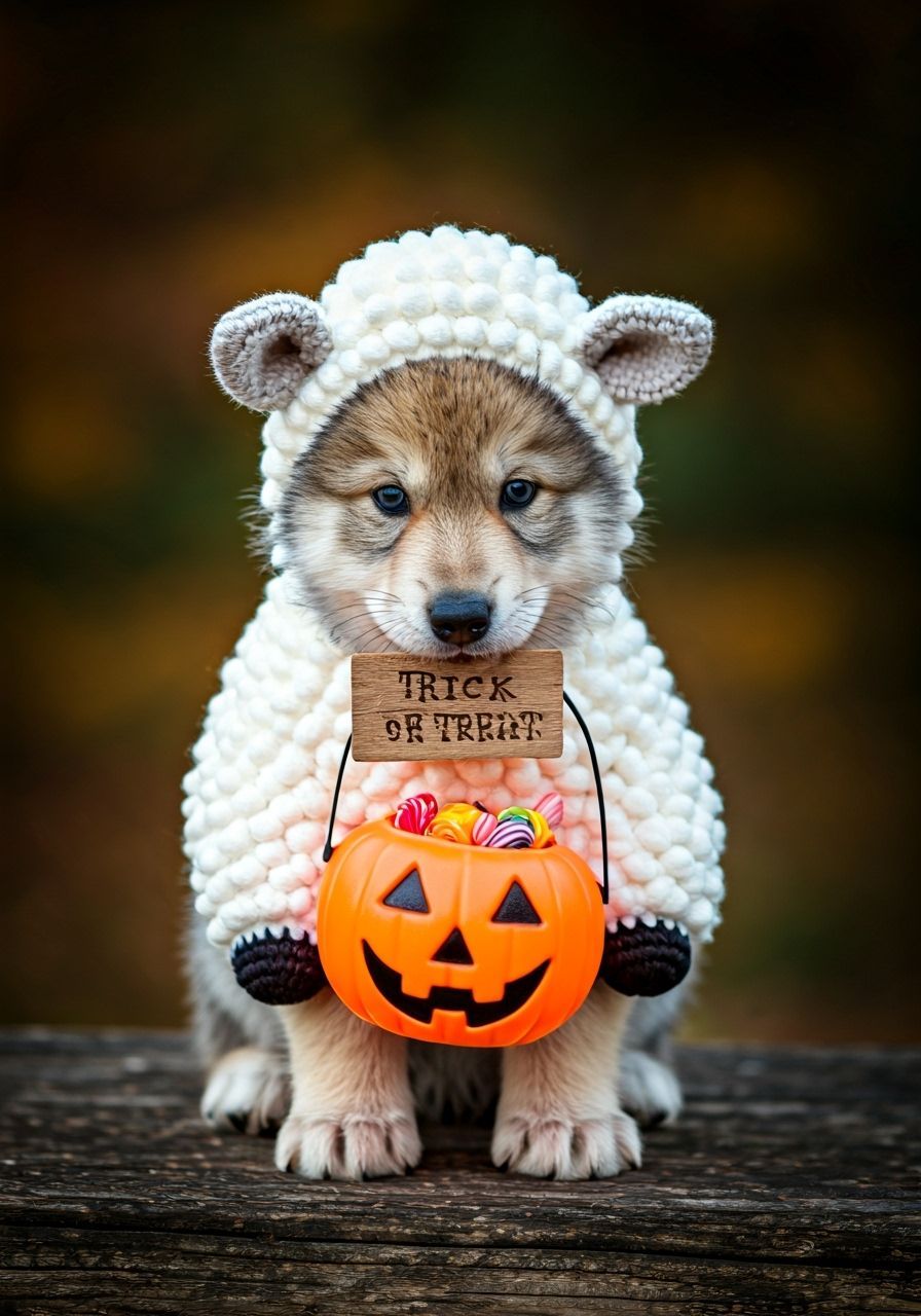 Adorable Wolf Pup in Sheep Costume with Candy