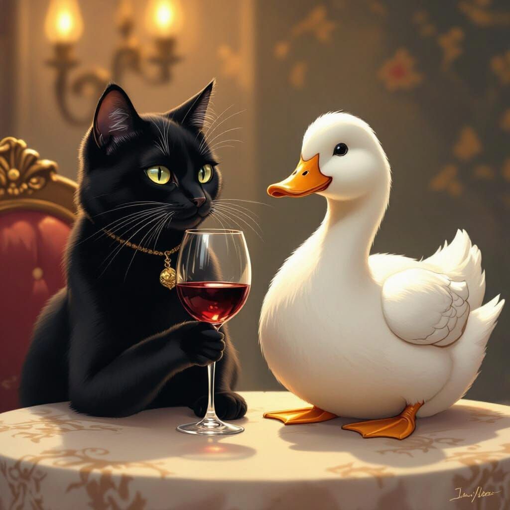 Cat and Duck Sipping Wine in Whimsical Style