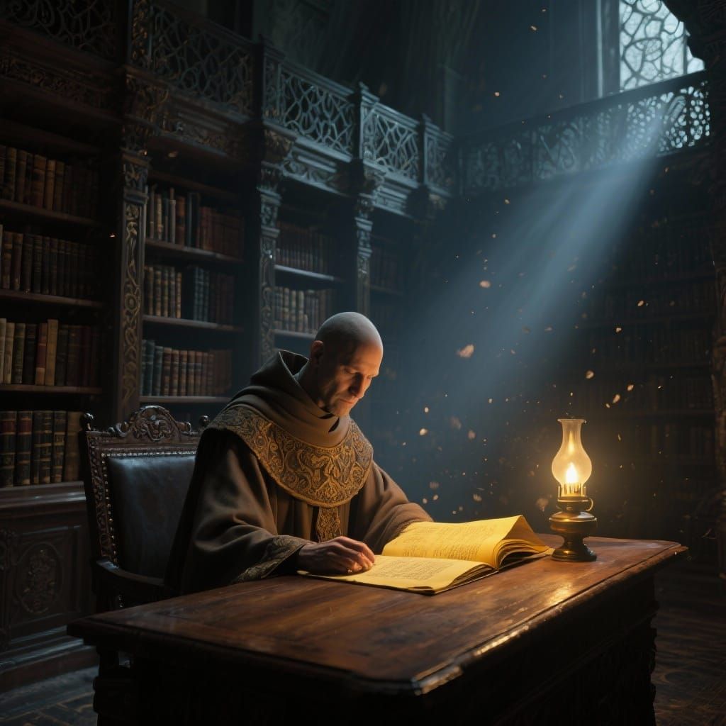 Monk Studies Glowing Manuscript in Noir Library