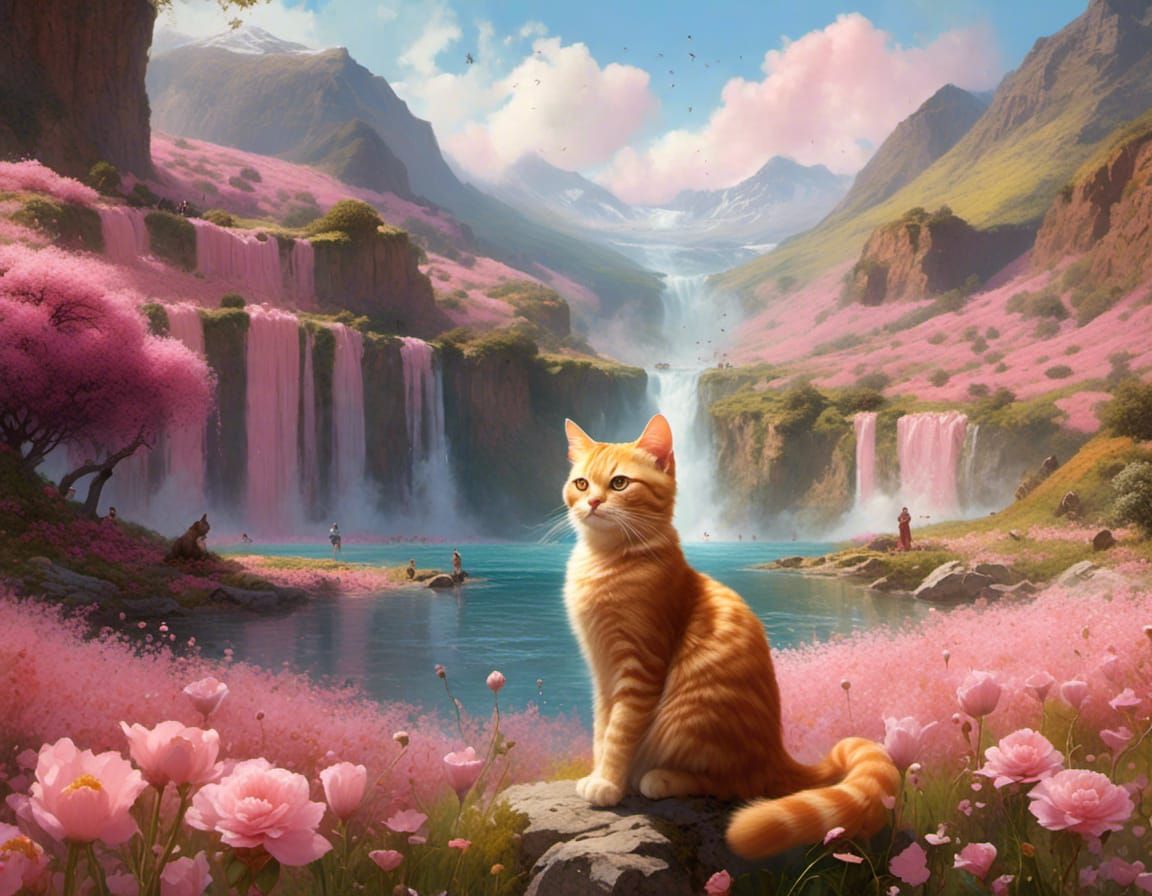 Ginger Tabby Cat in Pink Flower Field