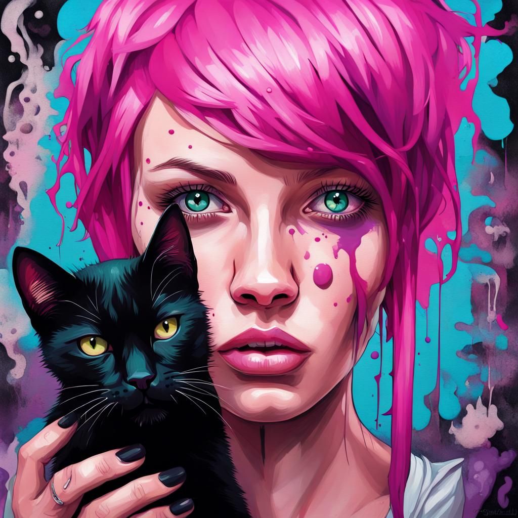 Pink-Haired Woman with Cat in Graffiti Art Style