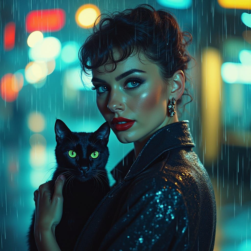 Elegant Woman in Rainy City Nightscape