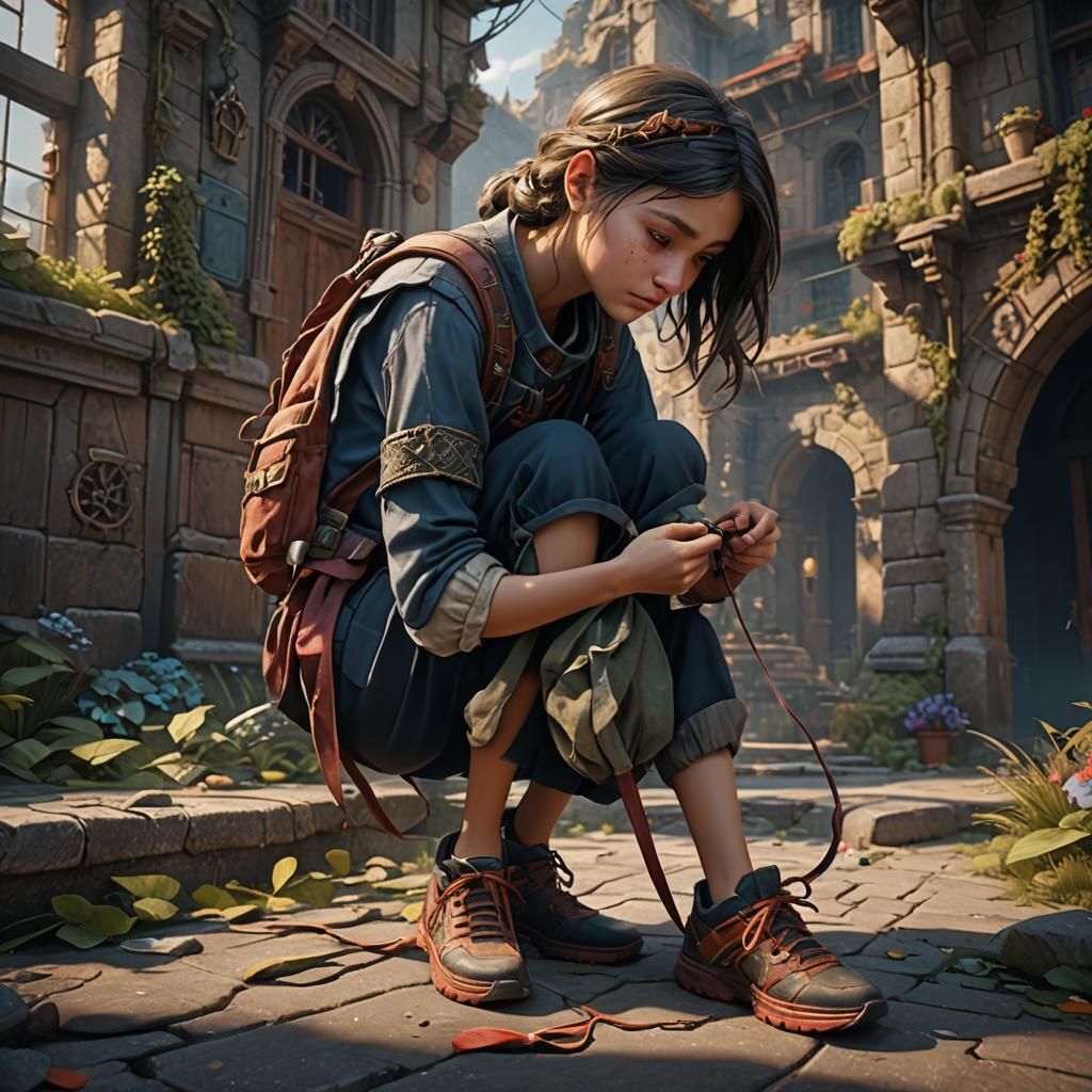 Girl Tying Shoe: Detailed Matte Painting