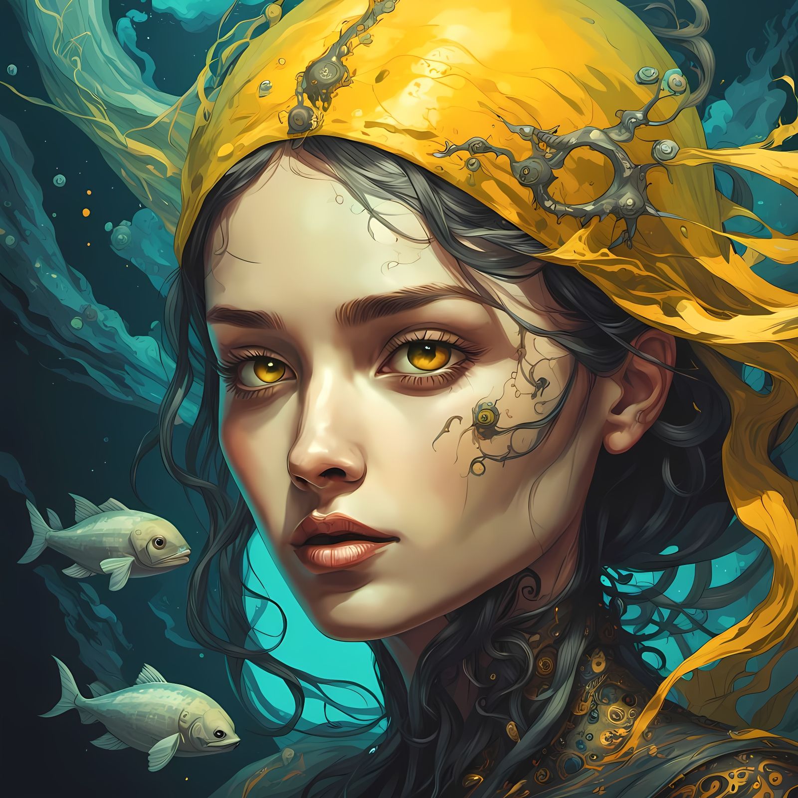 Oceanic Sorceress Portrait in a Surreal Biomechanical Style