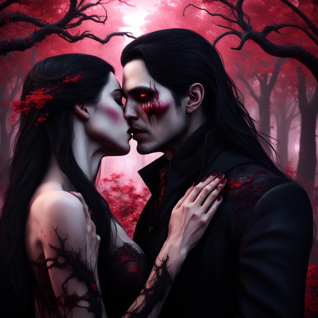 Gothic Vampire Lovers Kiss in Blood, Detailed Matte Painting