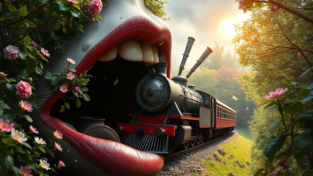 Whimsical Hyper-Realistic Scene of Steam Train Emerging from...