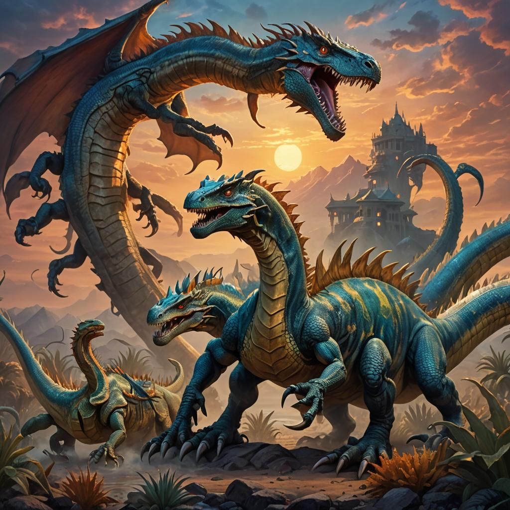 Three-Headed Hydra-Dragon and Spinosaurus Concept Art