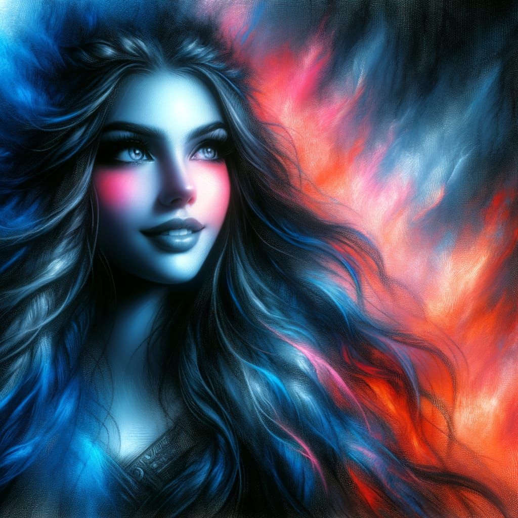 Norse Goddess in Charcoal Sketch with Dichromatic Colors