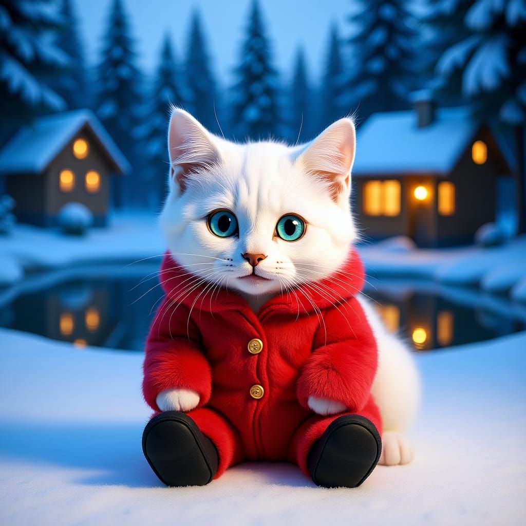 Happy Kitten in Snowy Forest Cottage Scene