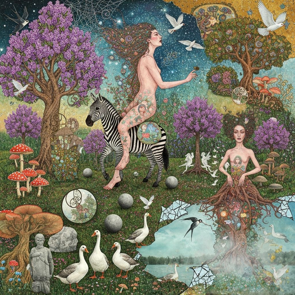 Goddess of Living World on Zebra, Cosmic Surreal Garden