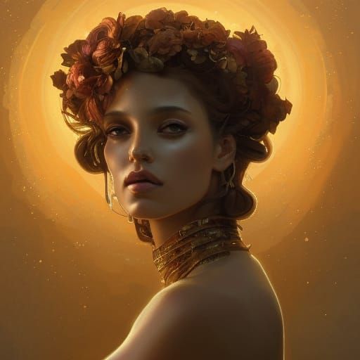 Golden Goddess Persephone Portrait in Art Nouveau Style