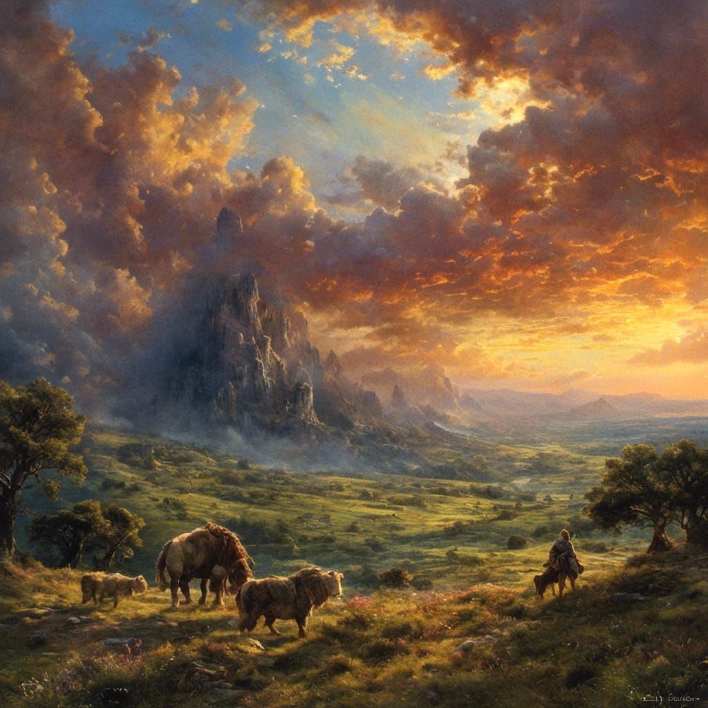 Sunset Over Plains in Light Fantasy Style