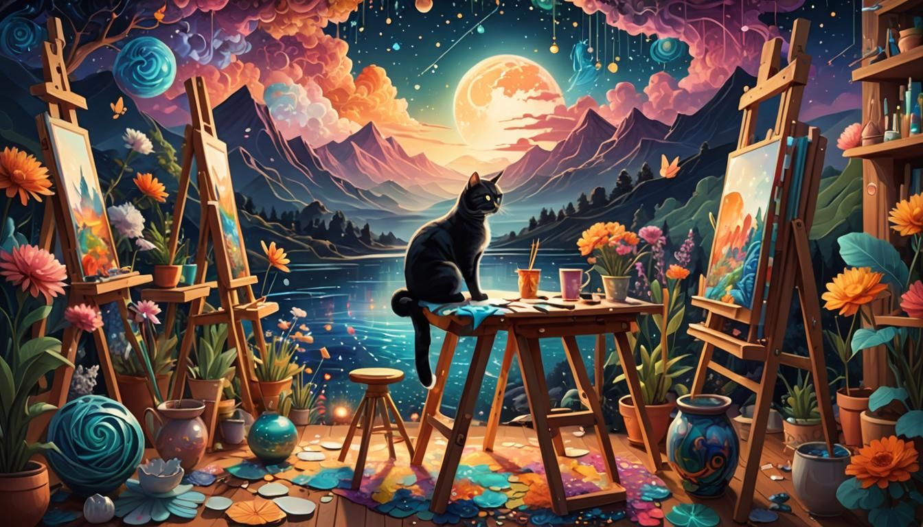 Cat Painter in Cozy Studio with Magical Details