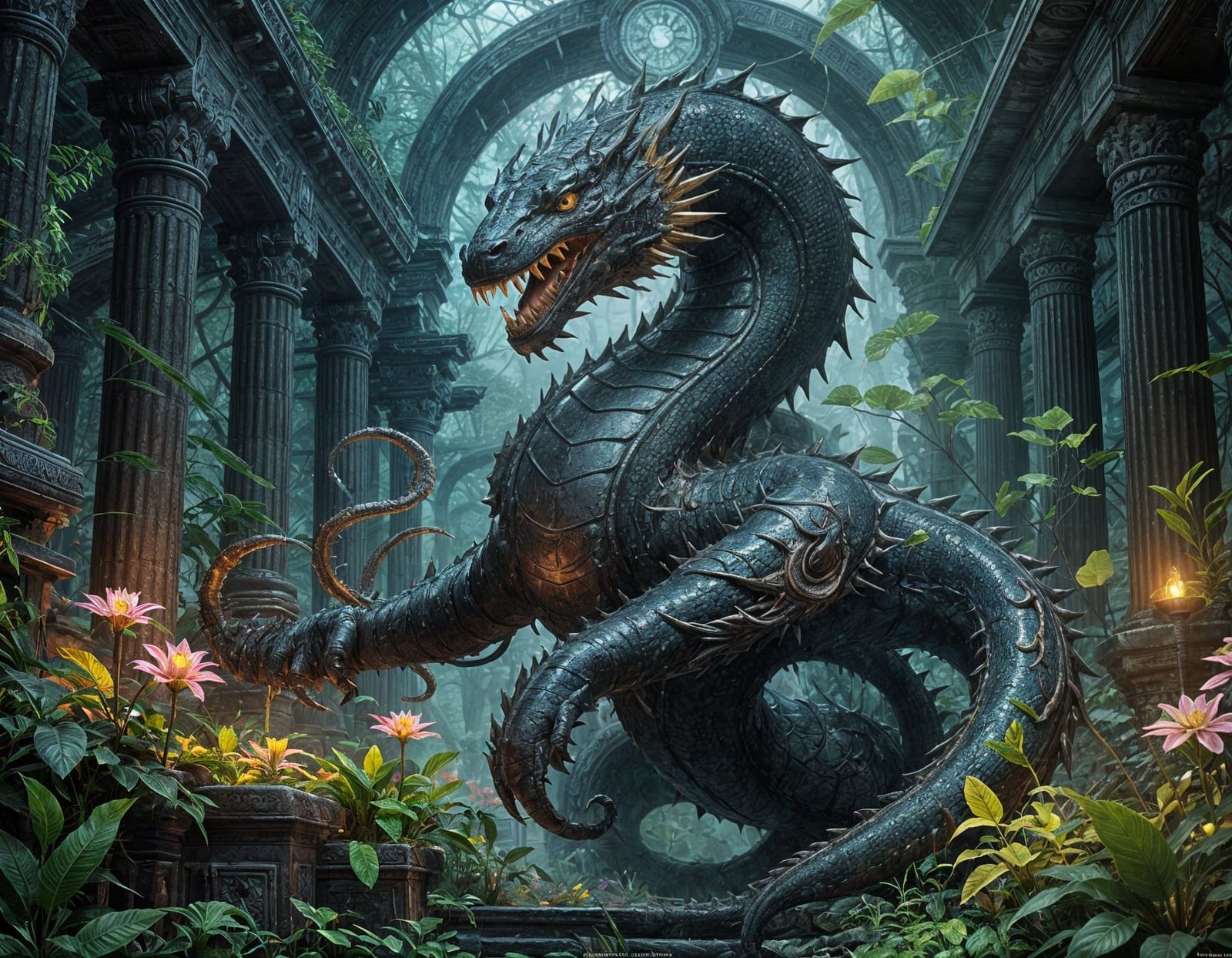 Clockwork Naga in Bioluminescent Temple: Dark Fantasy