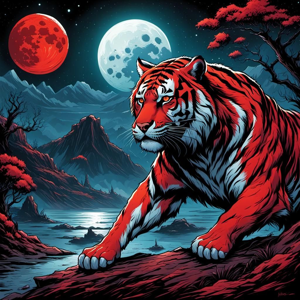 Tiger in Blood Red Moon: Comic Book Art