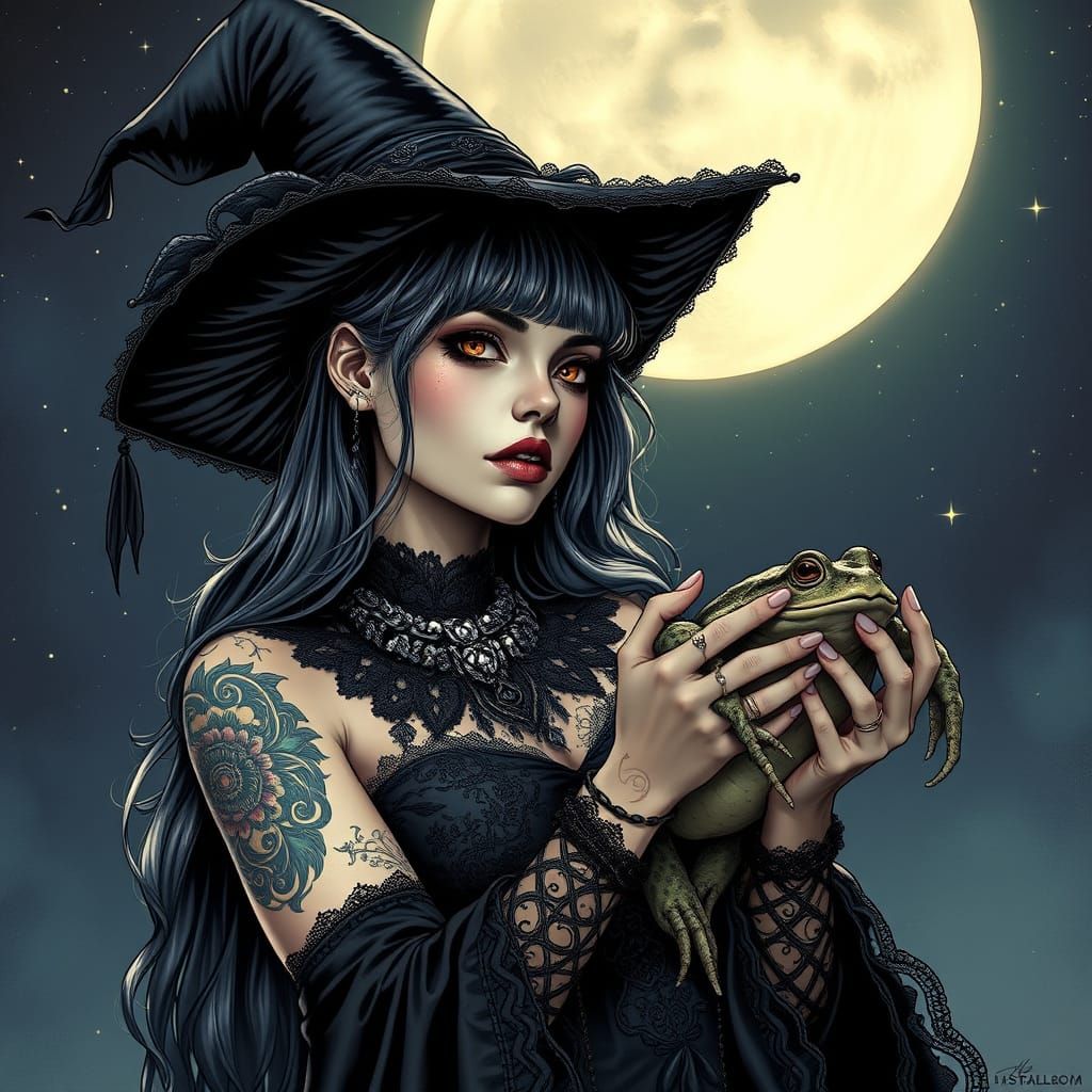 Gothic Comic Book Witch with Toad and Full Moon